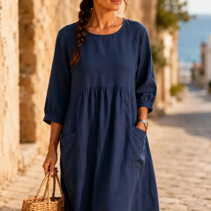 Marelle – Linen-Look Midi Dress with Three-Quarter Sleeves &amp; Pockets