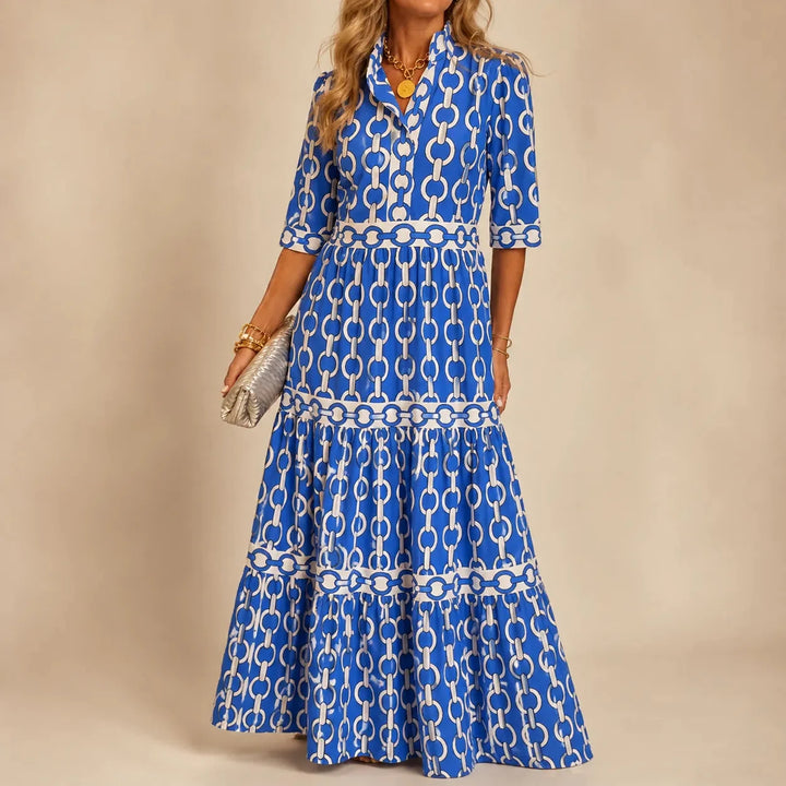Verella – Chain-Print Tiered Maxi Dress with Pockets &amp; V-Neck