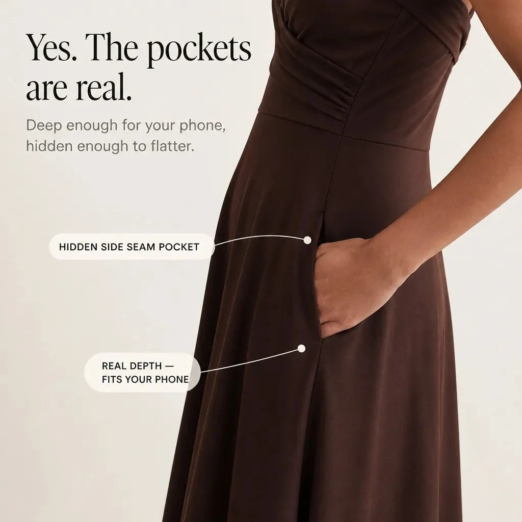 Vellora – Ruched Sweetheart Midi Dress with Pockets