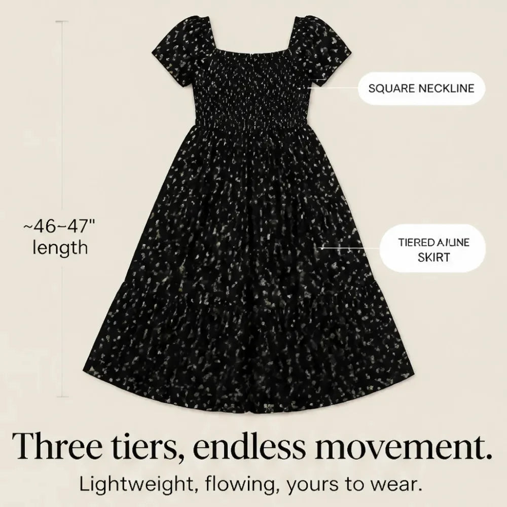Florenza – Square Neck Floral Midi Dress with Smocked Bodice &amp; Tiered Skirt