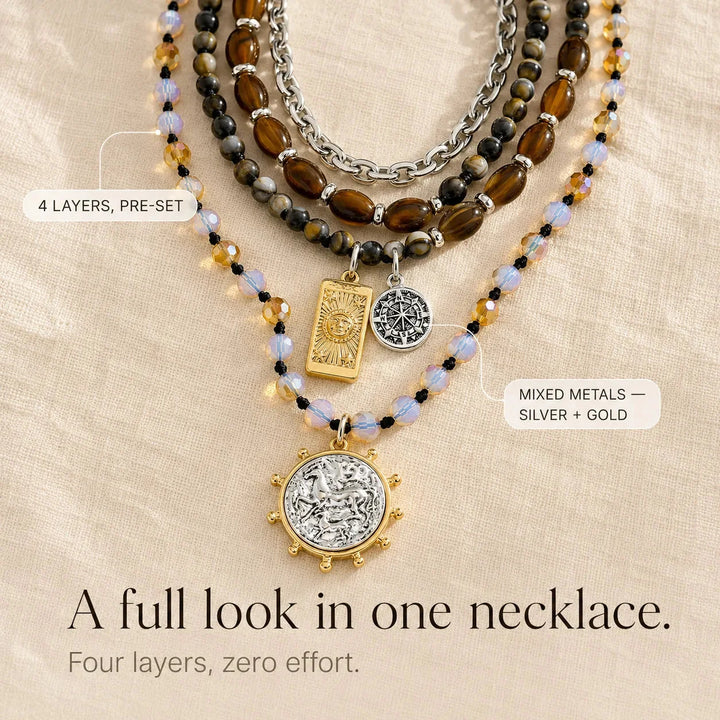 Solenya – Vintage Boho Layered Necklace with Tarot, Compass &amp; Coin Pendants
