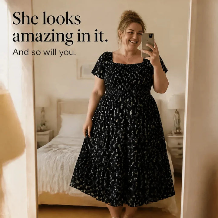 Florenza – Square Neck Floral Midi Dress with Smocked Bodice &amp; Tiered Skirt