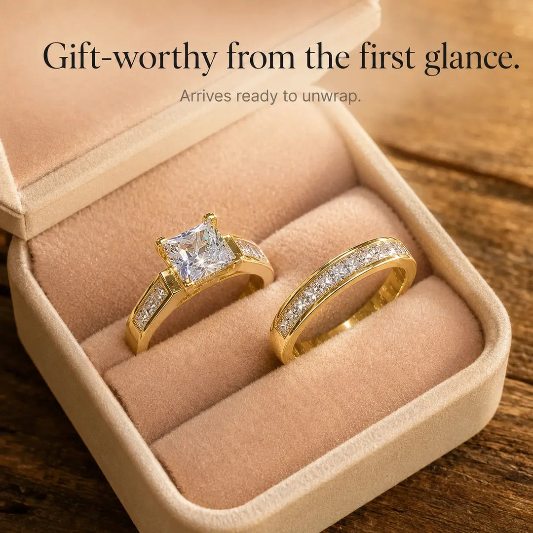 Aurelys – Matching 2-Piece Cubic Zirconia Ring Set, Princess-Cut Stackable Bridal Style, Gold or Silver Tone