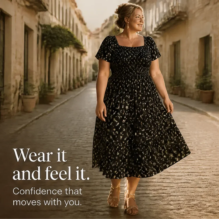 Florenza – Square Neck Floral Midi Dress with Smocked Bodice &amp; Tiered Skirt