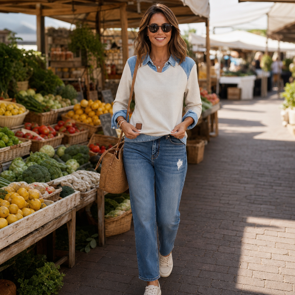 Denver &amp; Wren – Denim-Yoke Colorblock Pullover Sweatshirt