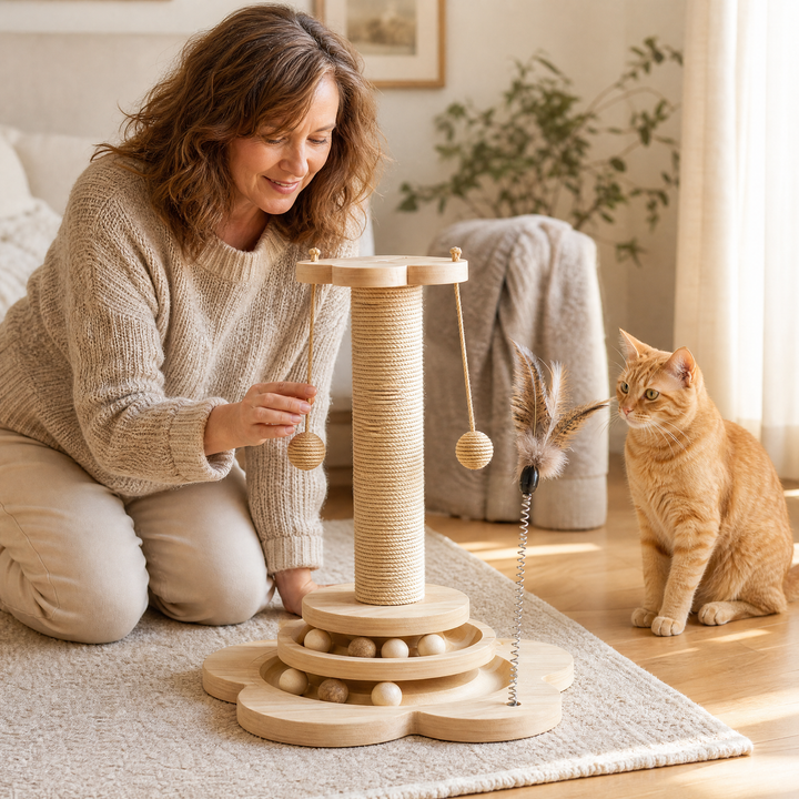 Purrch – 3-in-1 Sisal Scratching Post with Ball Track and Feather Wand