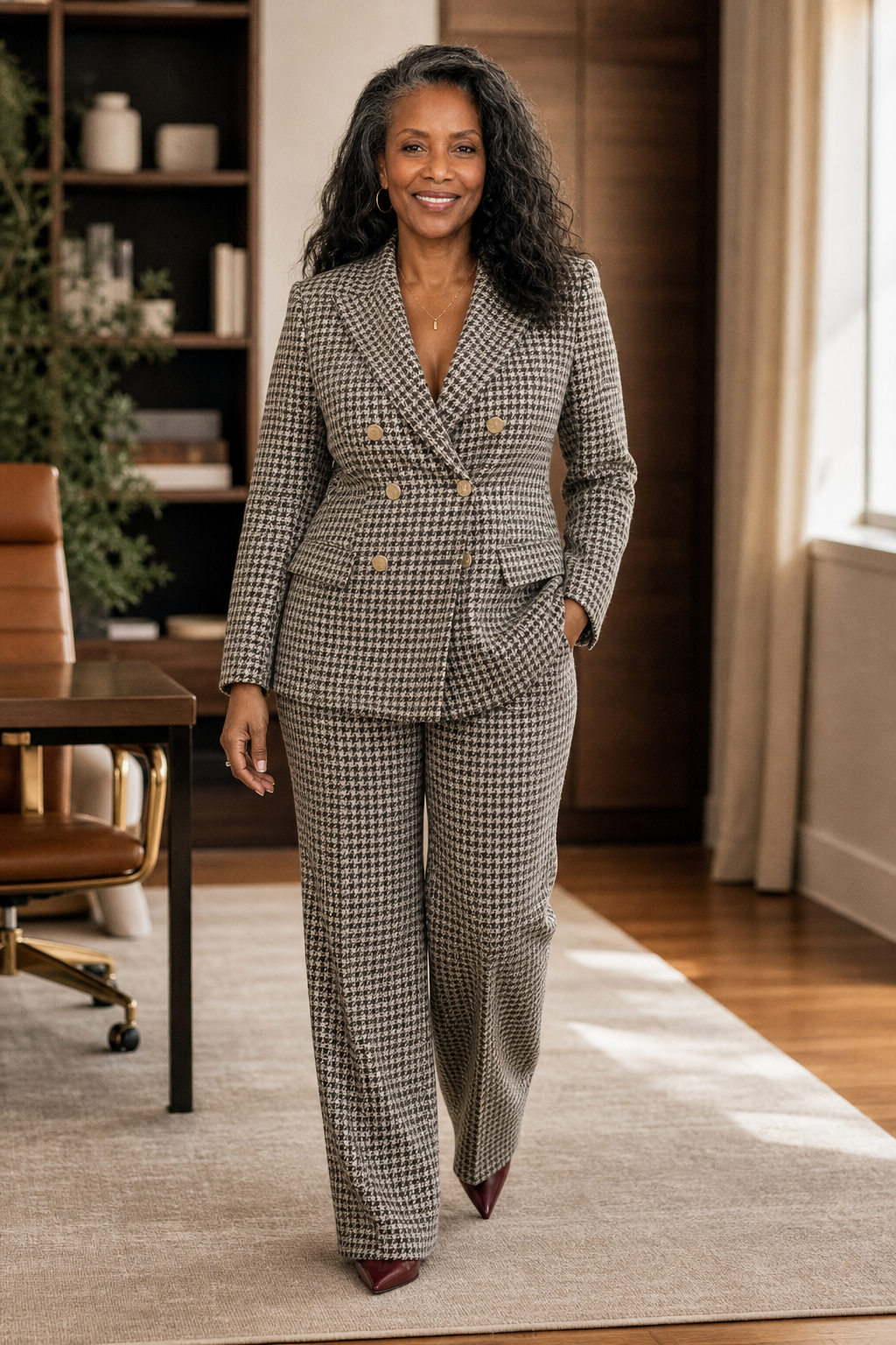 Composure – Plaid Double-Breasted Blazer &amp; Wide-Leg Pants Set