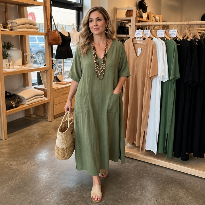 Marisole – Pocketed Loose-Fit V-Neck Maxi Dress