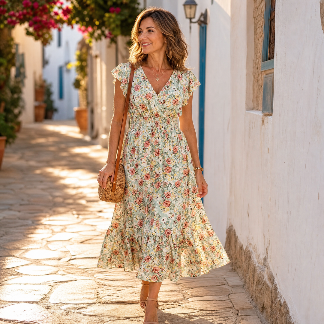 Florenza – Floral V-Neck Smocked Waist Midi Dress