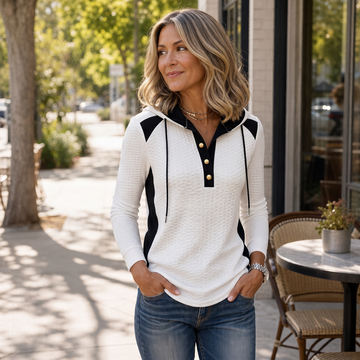 Isabelle – Waffle-Knit Colorblock Button V-Neck Hoodie