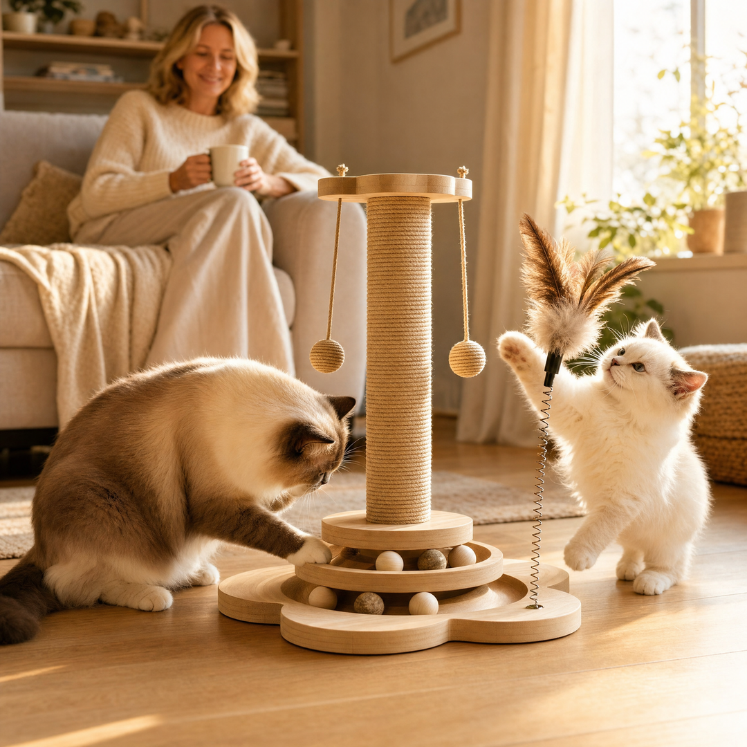 Purrch – 3-in-1 Sisal Scratching Post with Ball Track and Feather Wand