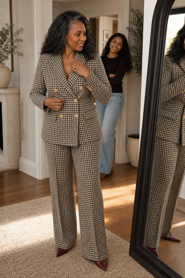 Composure – Plaid Double-Breasted Blazer &amp; Wide-Leg Pants Set