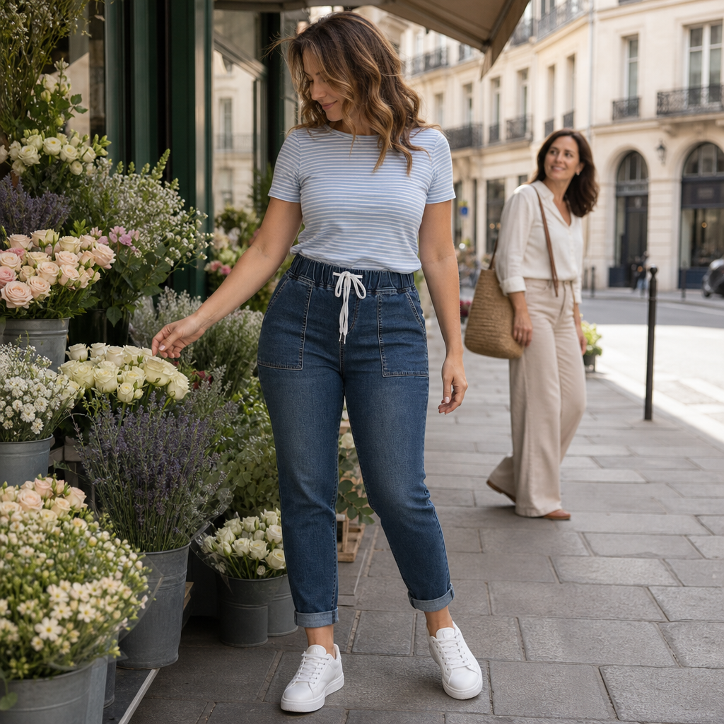 Wearbella – Drawstring Elastic-Waist Stretch Tapered Jeans