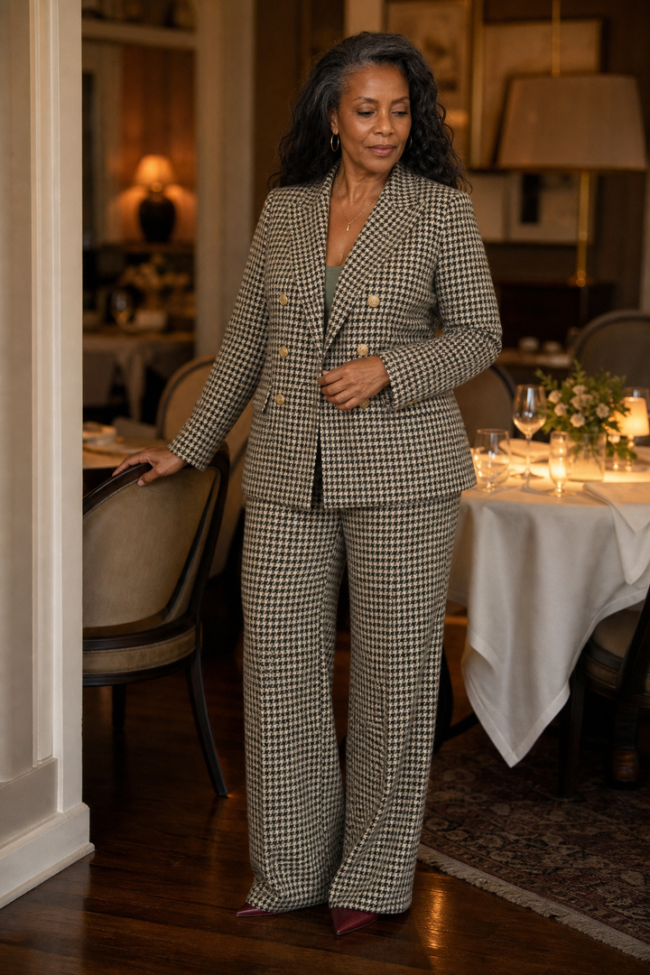 Composure – Plaid Double-Breasted Blazer &amp; Wide-Leg Pants Set