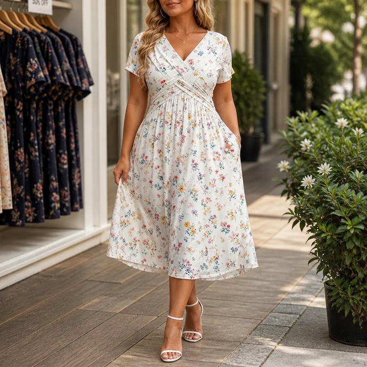 Curvella – Twist-Waist Floral V-Neck Midi Dress