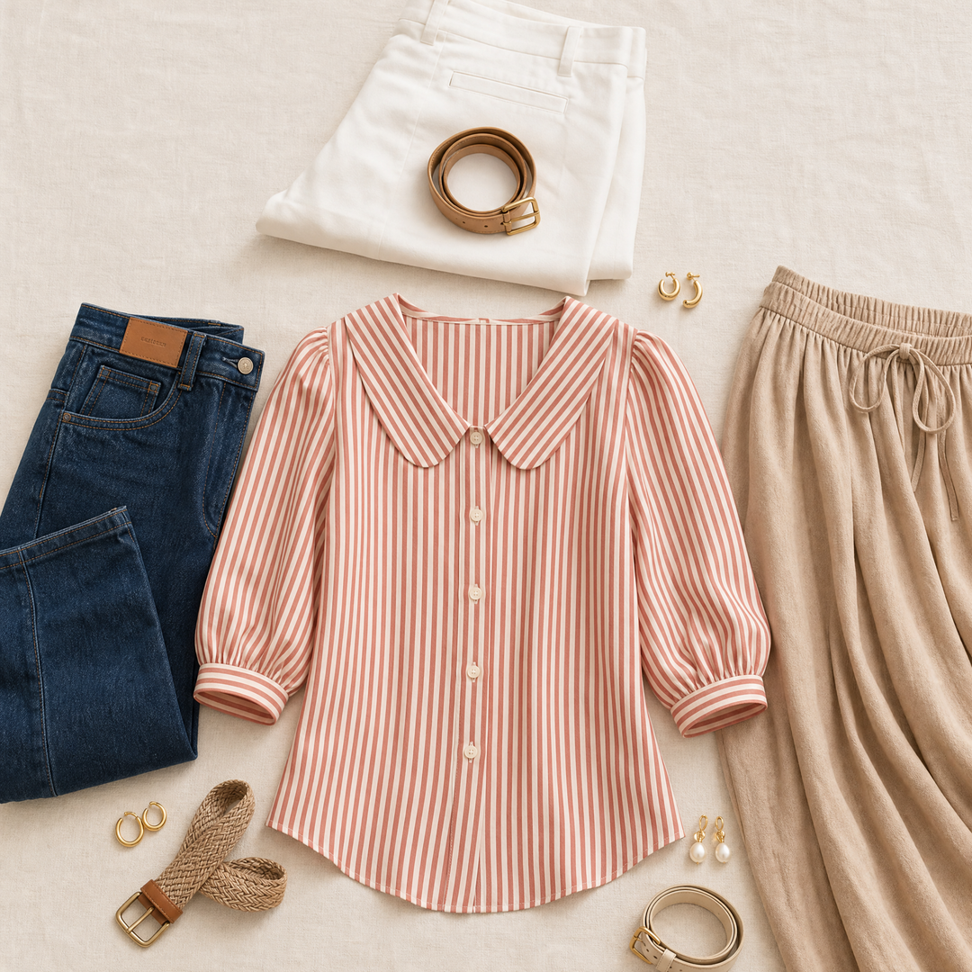 Solène Striped Sailor Collar Blouse with Puff Sleeves