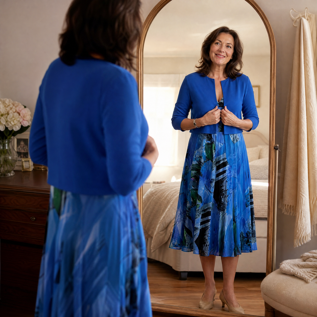 Phaeline - Printed Midi Dress with Attached Cardigan