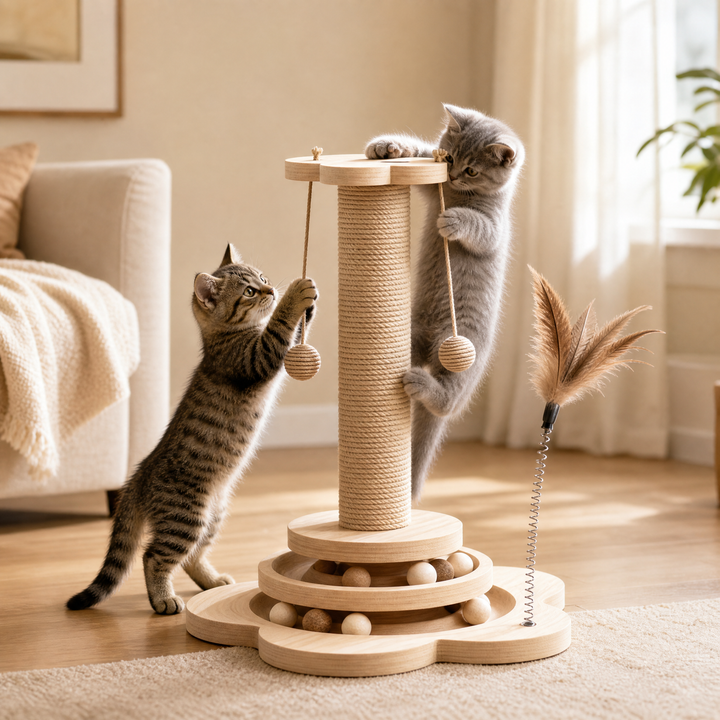 Purrch – 3-in-1 Sisal Scratching Post with Ball Track and Feather Wand