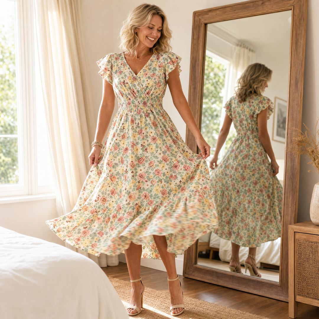 Florenza – Floral V-Neck Smocked Waist Midi Dress