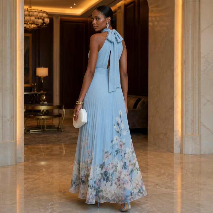 Corima – Halter Bow-Back Pleated Maxi Dress