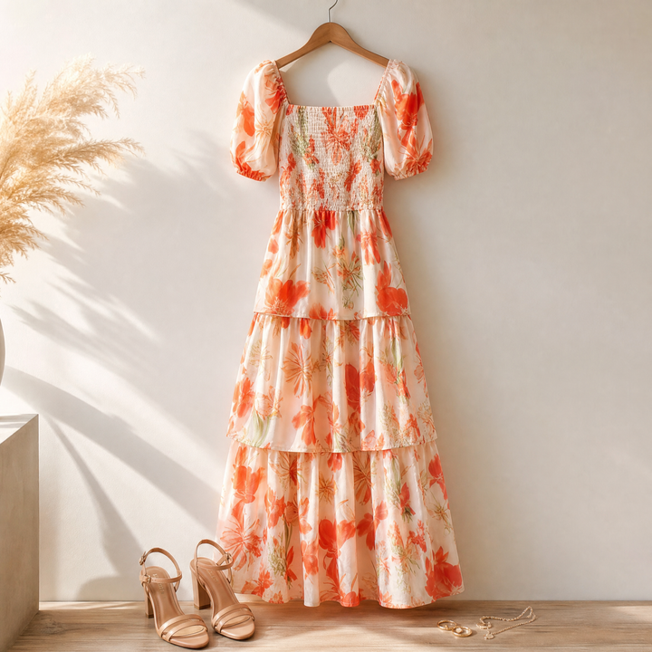 Florenza – Smocked Square-Neck Floral Maxi
