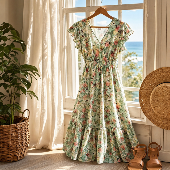 Florenza – Floral V-Neck Smocked Waist Midi Dress