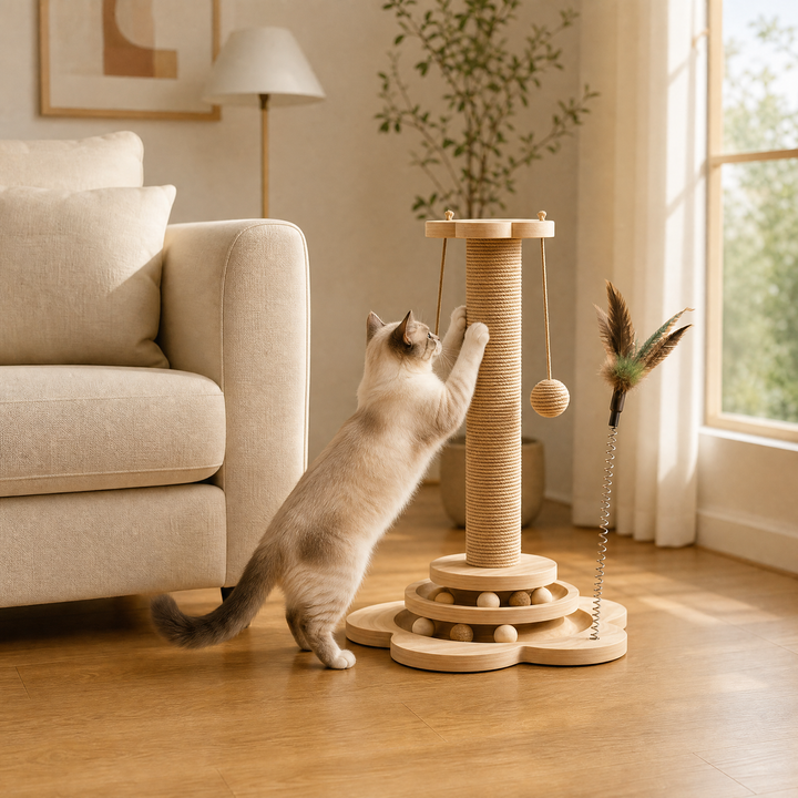 Purrch – 3-in-1 Sisal Scratching Post with Ball Track and Feather Wand
