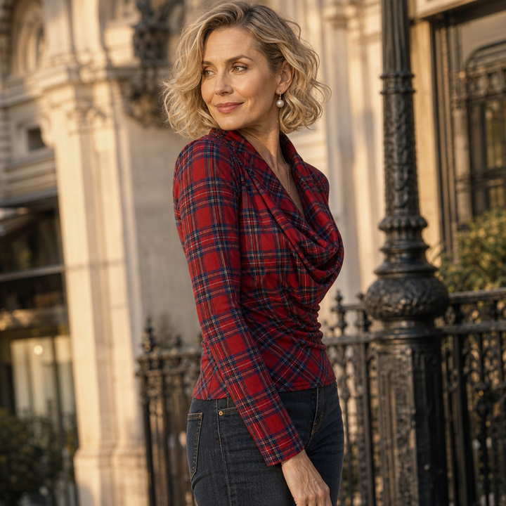 Plaidelle – Cowl-Neck Plaid Stretch Top