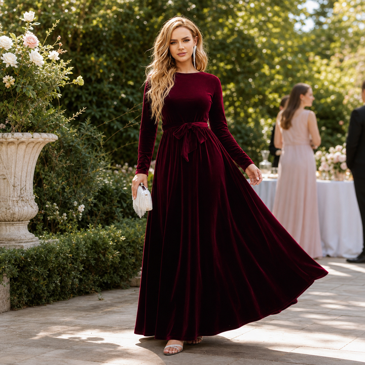 Velvora – Belted Velvet Look A-Line Maxi Dress
