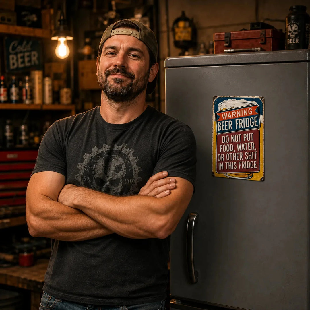Fridgeboss – Warning Beer Fridge funny metal tin sign for man cave garage