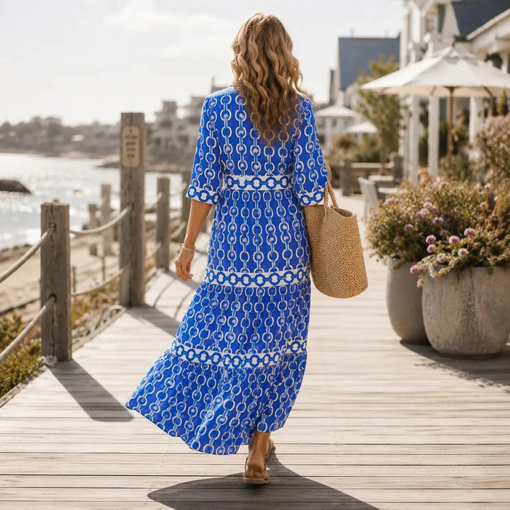 Verella – Chain-Print Tiered Maxi Dress with Pockets &amp; V-Neck