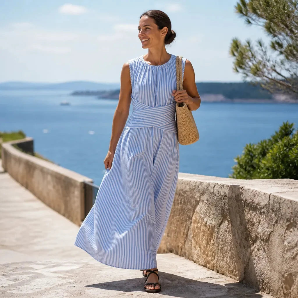 Marellé – Striped Wrap Waist Maxi Dress Sleeveless