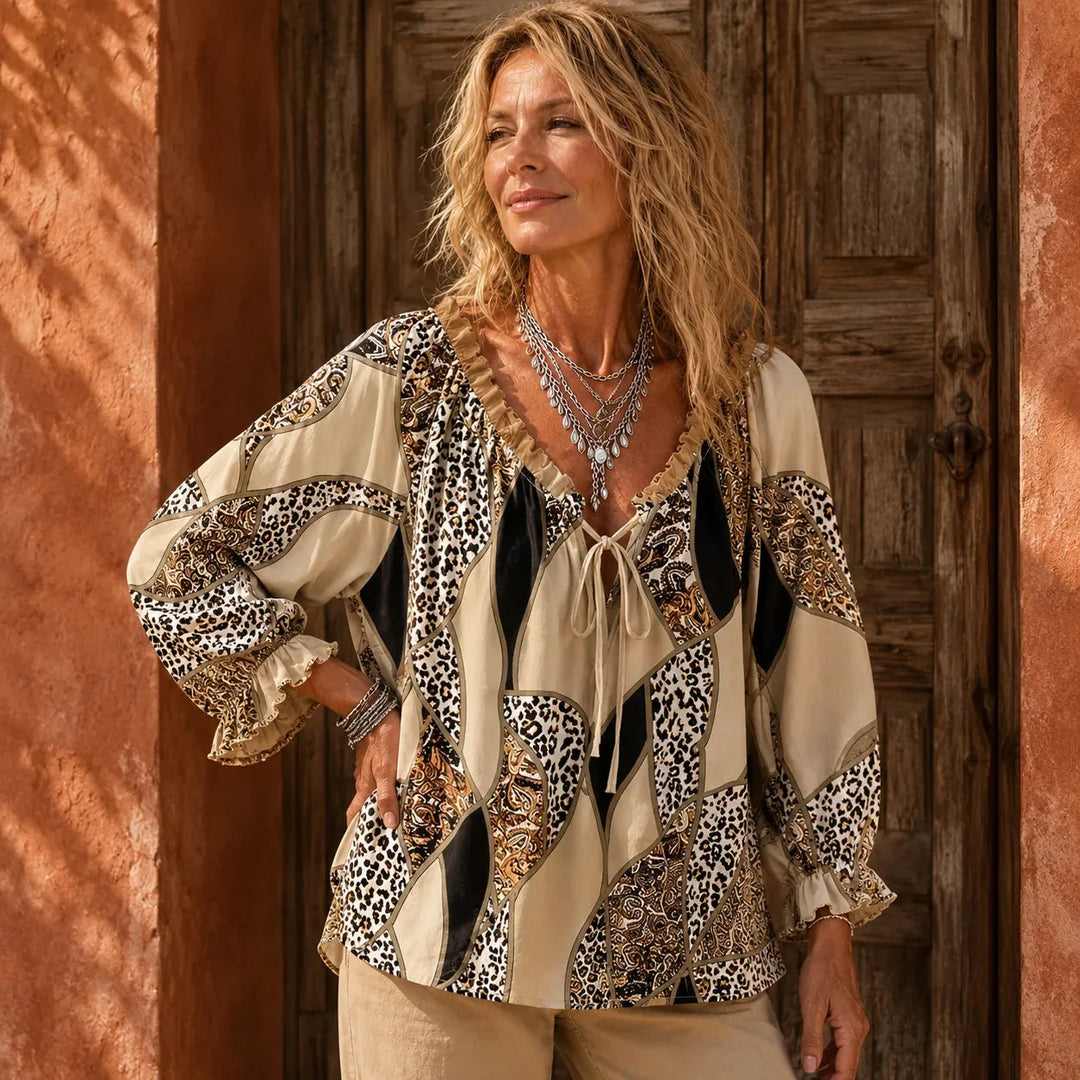 Sorelia – Mixed Print Patchwork Blouse, Leopard &amp; Paisley V Neck