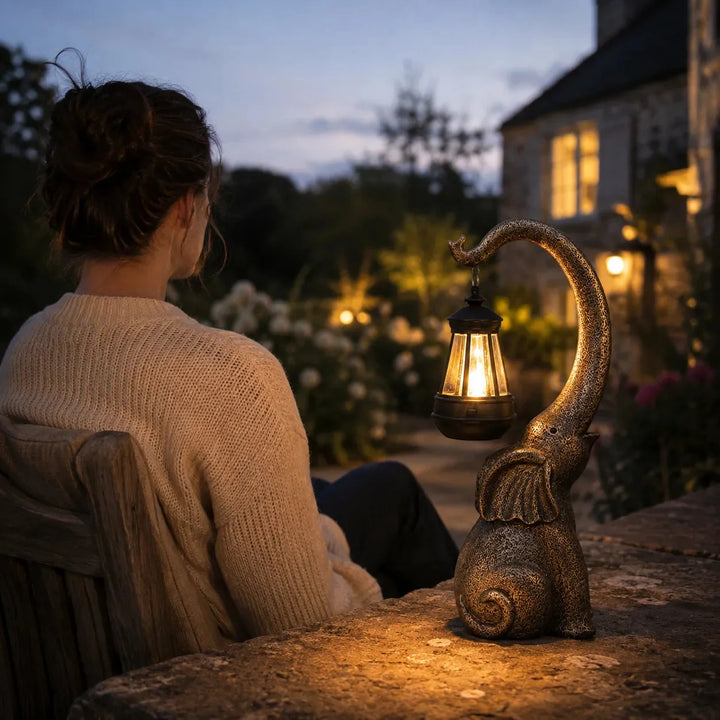 Lumeria – Aged Bronze Look Elephant Solar Lantern Garden Statue