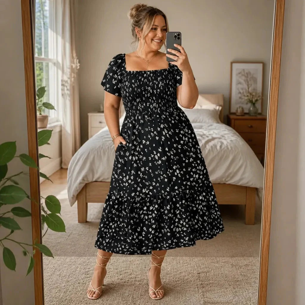 Florenza – Square Neck Floral Midi Dress with Smocked Bodice &amp; Tiered Skirt