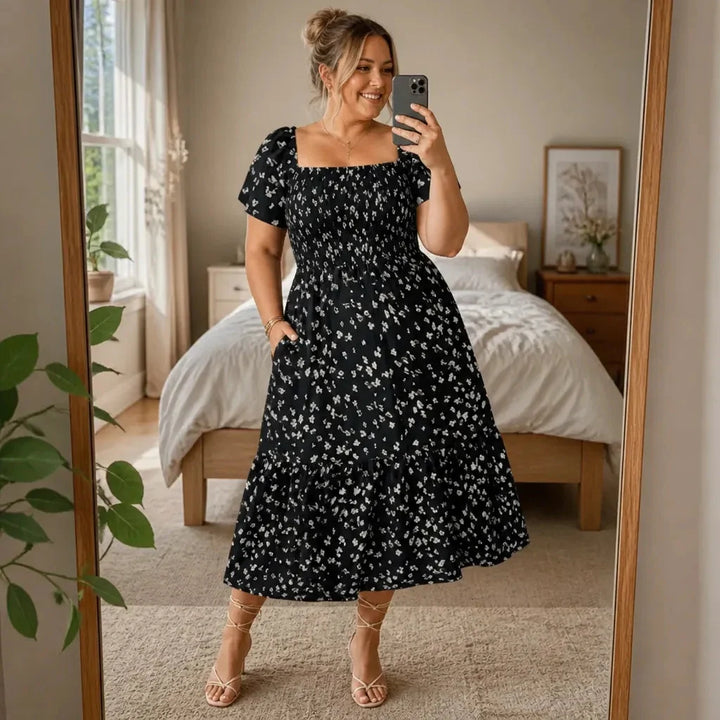 Florenza – Square Neck Floral Midi Dress with Smocked Bodice &amp; Tiered Skirt