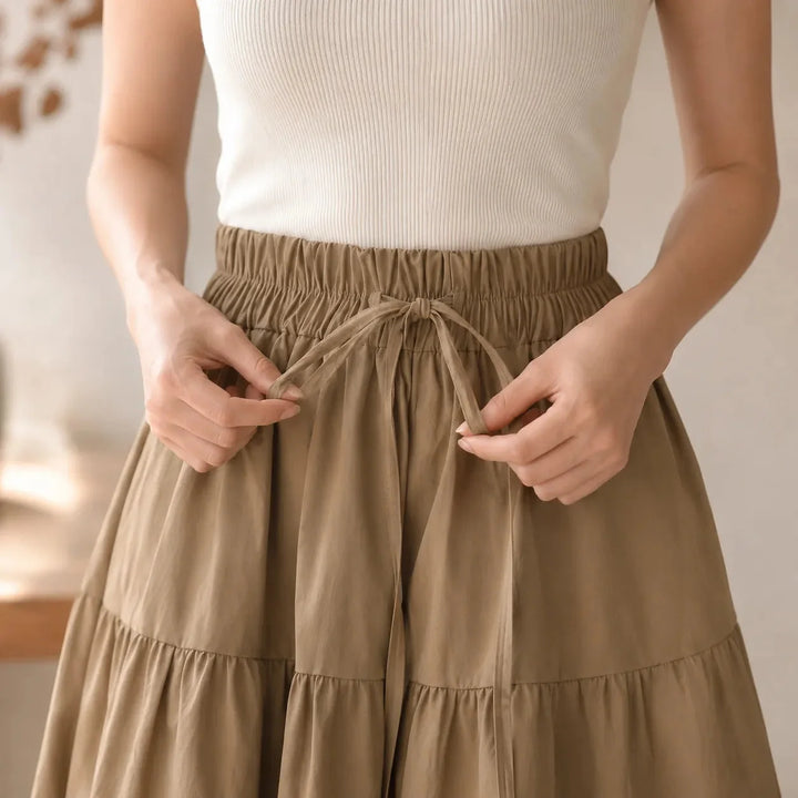 Sundara – Tiered Culotte Skirt with Hidden Shorts, High Waist Drawstring