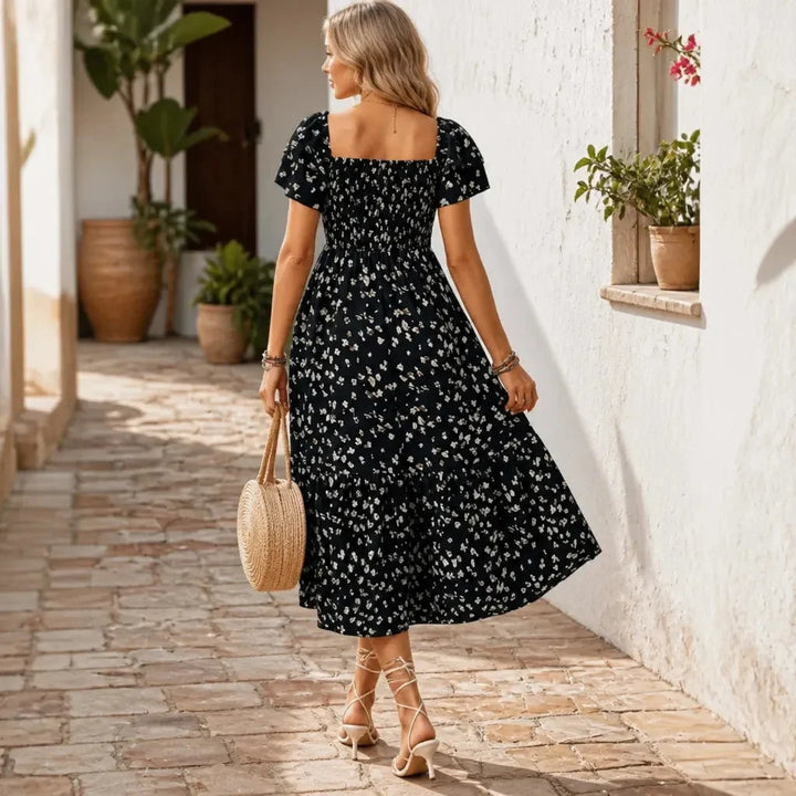 Florenza – Square Neck Floral Midi Dress with Smocked Bodice &amp; Tiered Skirt