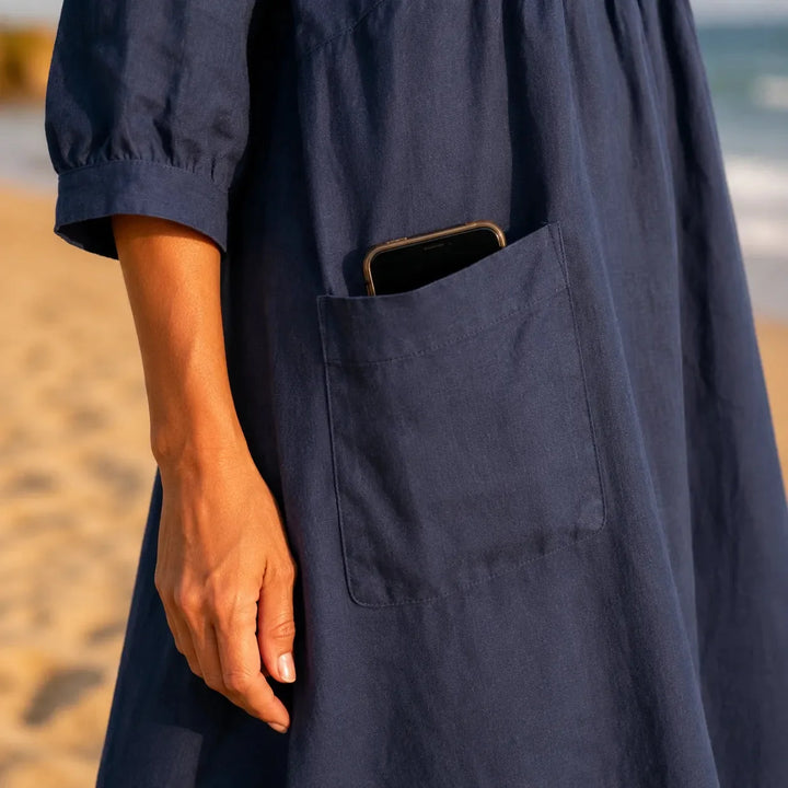 Marelle – Linen-Look Midi Dress with Three-Quarter Sleeves &amp; Pockets