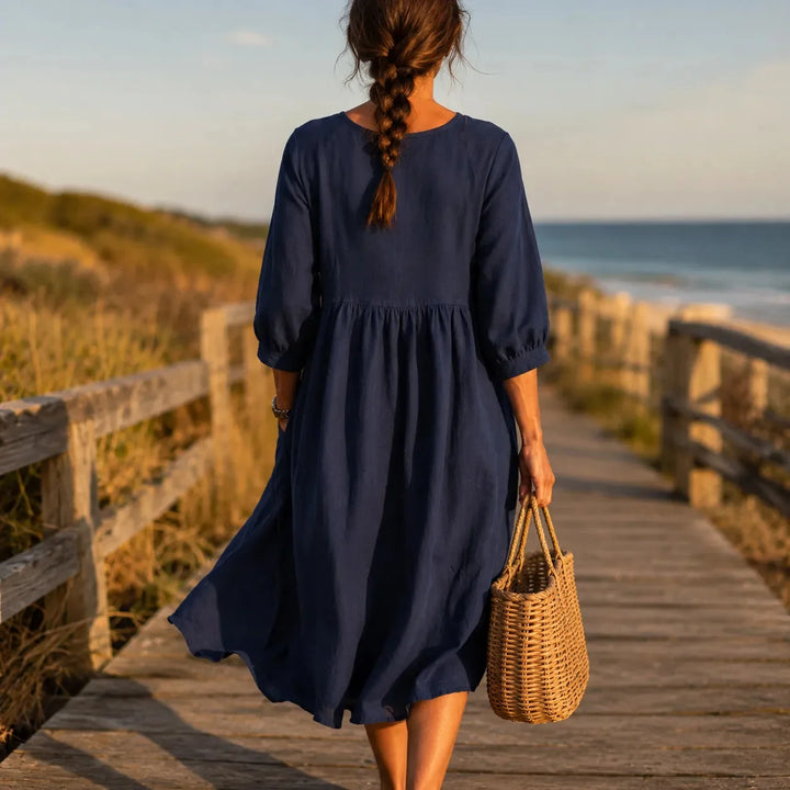 Marelle – Linen-Look Midi Dress with Three-Quarter Sleeves &amp; Pockets