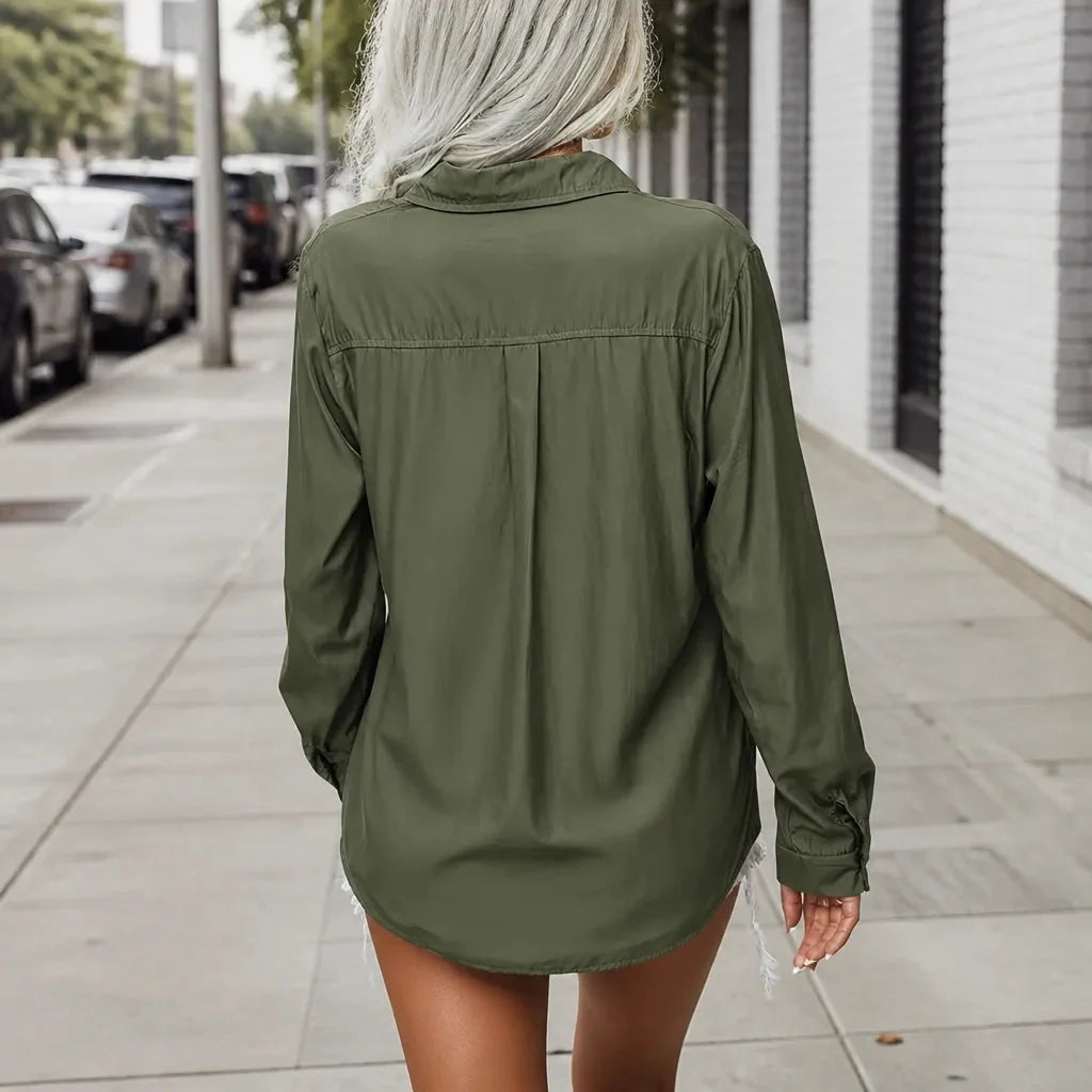 Lunavia – Loose Lapel Button-Down Shirt with Flap Pockets, Wrinkle-Free Long Sleeve Top for Women