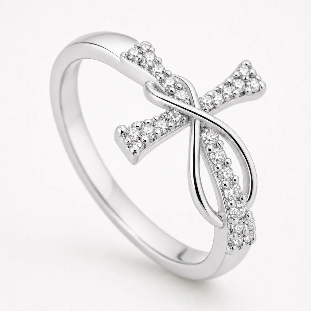 Graceloop – Mobius Cross Ring with Pavé Stones, Gold or Silver