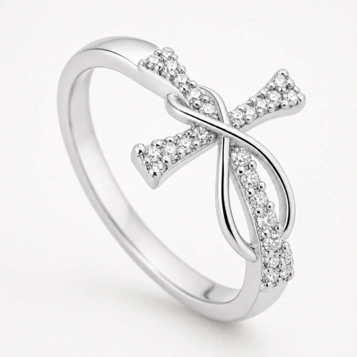 Graceloop – Mobius Cross Ring with Pavé Stones, Gold or Silver