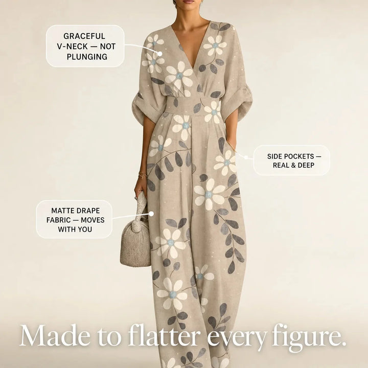 Solene – Printed V-Neck Wide-Leg Jumpsuit with Cinched Waist and Pockets