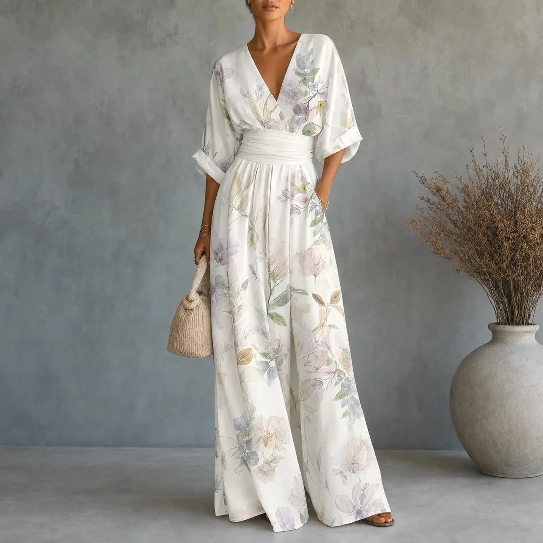 Solene – Printed V-Neck Wide-Leg Jumpsuit with Cinched Waist and Pockets