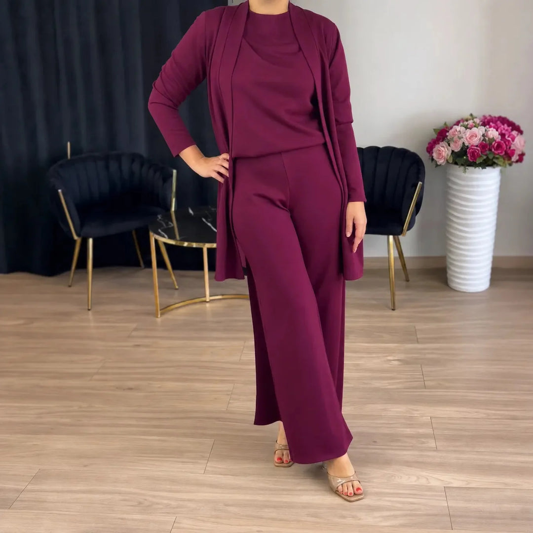 Vivelyn – Three-Piece Matching Set with Wide-Leg Pants and Open Cardigan