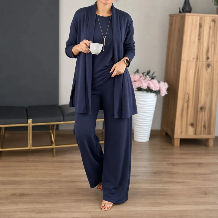 Vivelyn – Three-Piece Matching Set with Wide-Leg Pants and Open Cardigan