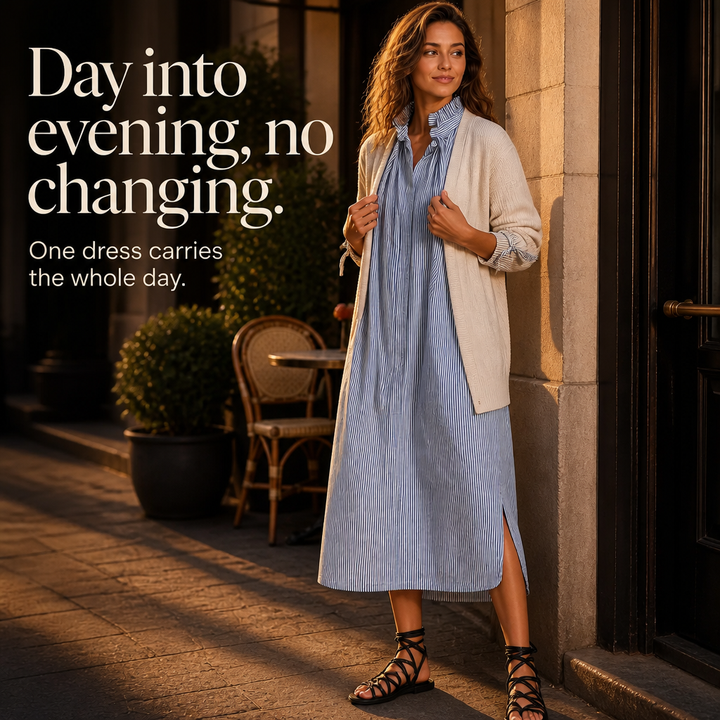 Verlyn – Striped Ruffle-Neck Long-Sleeve Midi Dress