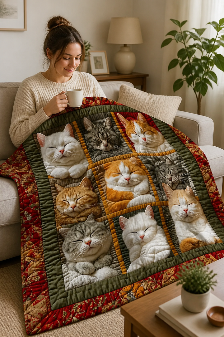 Purrfecto – Nine-Panel Sleeping Cats Reversible Flannel Throw