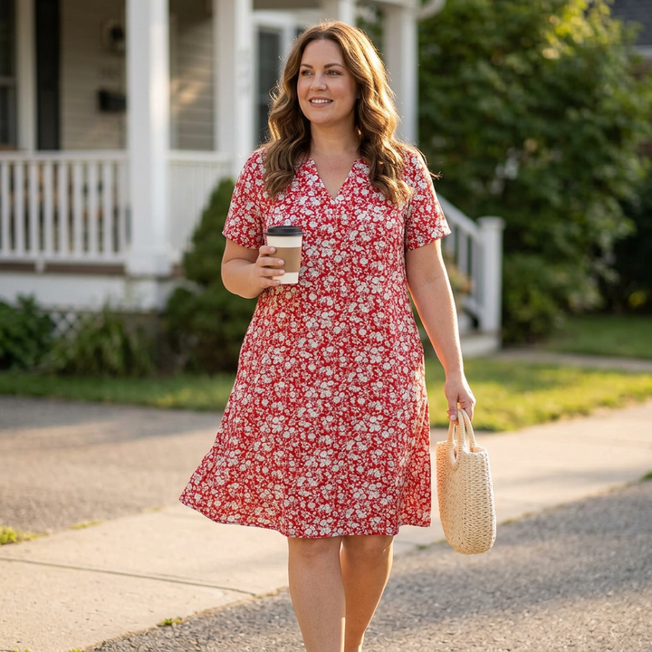 Veluna – V-Neck Floral Dress with Pockets